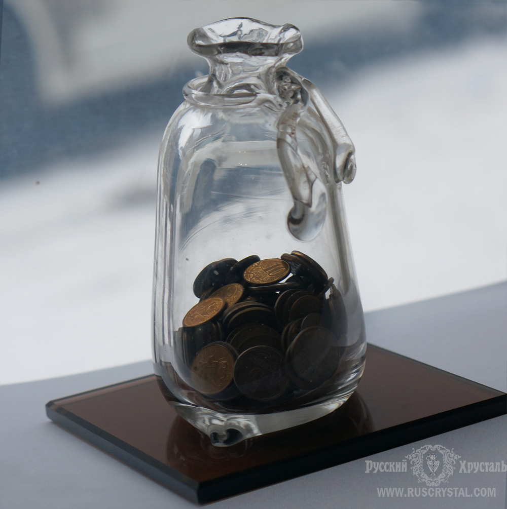 корпоративный  подарок МЕШОК ДЕНЕГ из стекла мешочек с помещенными внутри монетками 